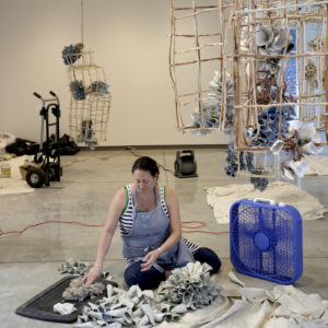 Installing "Rebecca Hutchinson: Tranquil Bloom Sedalia" at the Daum Museum.