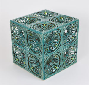 Eliza Au, “Green Cube,” 2022; glazed stoneware; 7 ½ x 7 ½ x 7 ½ in. Courtesy of the artist.