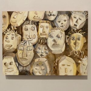 Jo Narron, "All The Many Faces", 2022; oil on wood panel; 18 x 24 x 1.50 in. Courtesy of the artist.