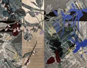 Robert Kushner, "Species Tulips and Columbines," 2013; acrylic, oil, and palladium leaf on canvas. Gift of Dr. Harold F. Daum.