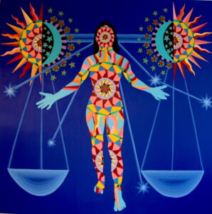 C. FInley, "Lady Justice (Libra)," 2023; acrylic on canvas; 66 x 66 in. Courtesy of the artist.