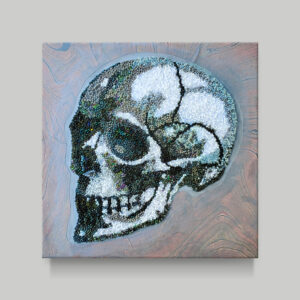 Tootie Burns, "Skull", 2023; beads, paper, and paint; 8 x 8 x 1 in. Courtesy of the artist.