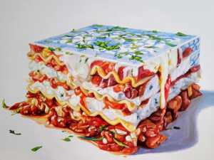 Chunbo Zhang, "Food Treasure Series - Lasagna," 2023; acrylic on canvas. Courtesy of the artist.